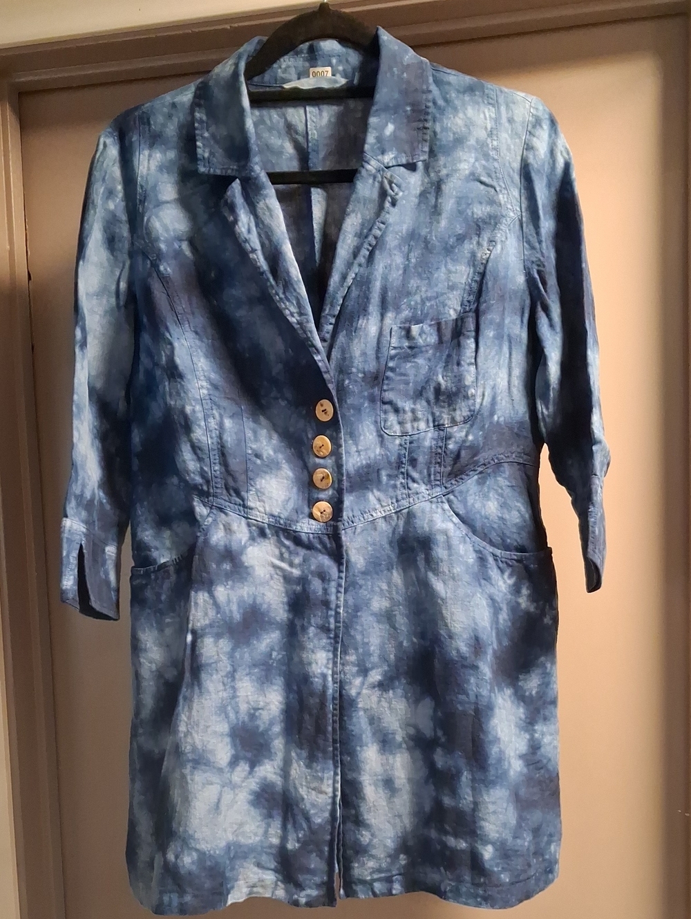 Soft Surroundings Blue Tie-Dye Linen Blend Button-Front Women's Topper